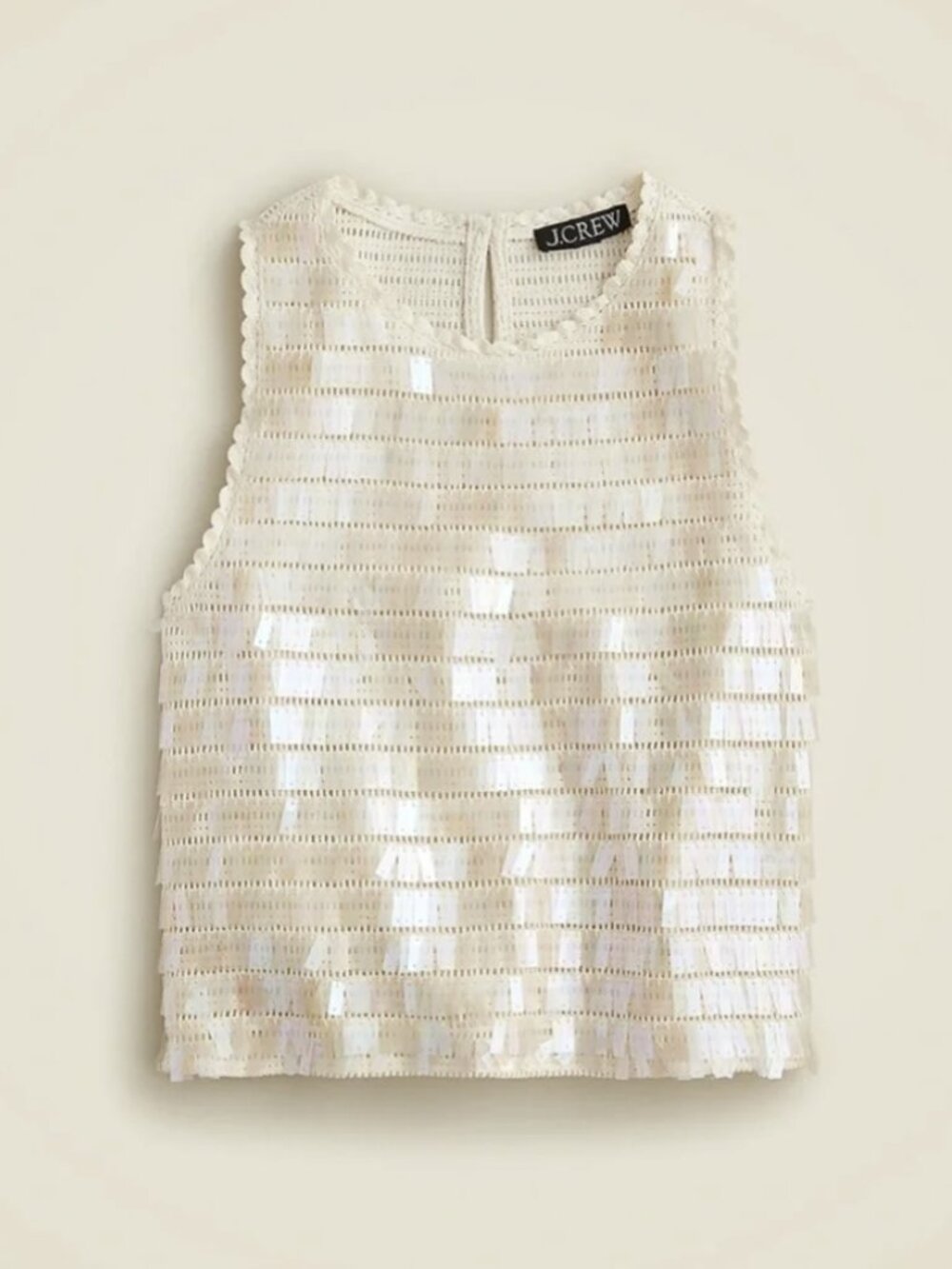 J. Crew Crochet Sequin Tank Top Natural Cream Embellished Knit Scalloped Size XS